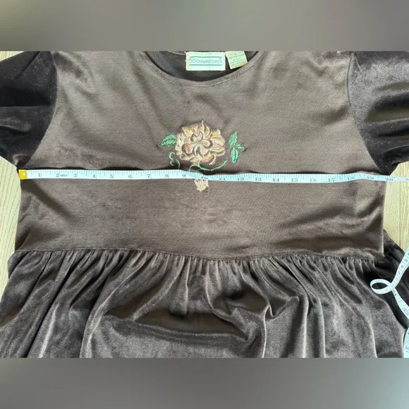 Vintage 90’s Shenanigans Brown Velveteen Baby Doll Dress Floral Embroidery - Picture 9 of 10
